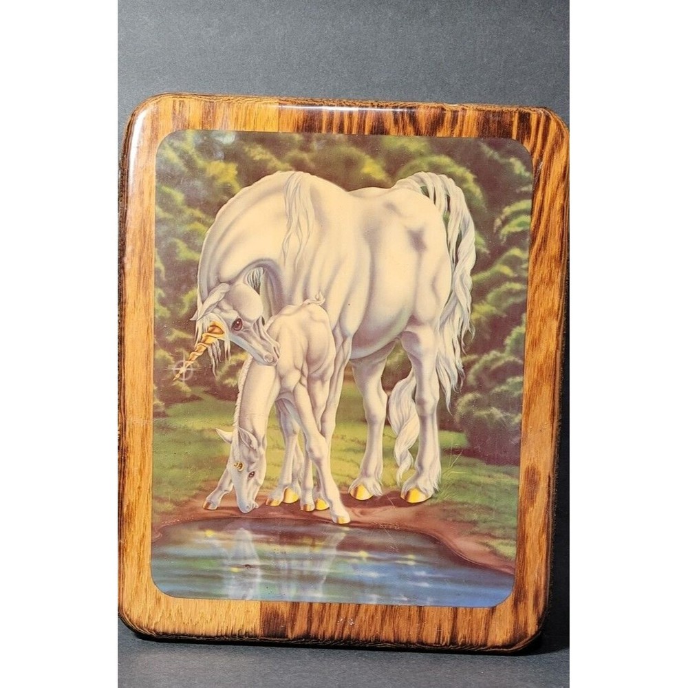 Unicorn and baby horse lacquered Wood Wall Plaque decoupage 80s vintage